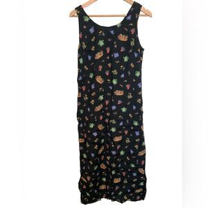 Vintage Nina Piccalino Black Floral Novelty Garden Cottagecore Maxi Tank Dress
